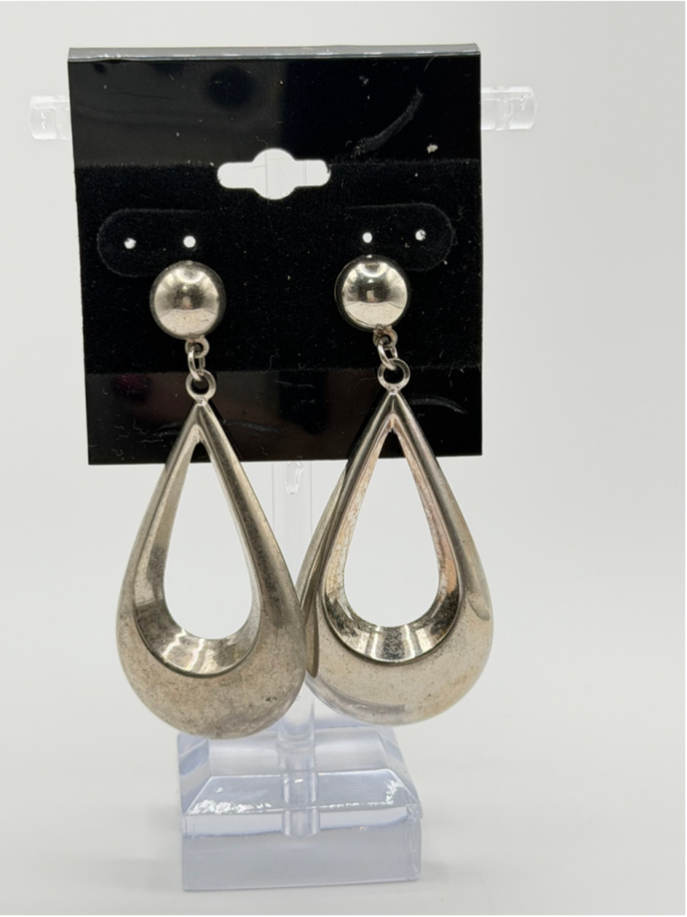 Vintage Silver Tone Modernist Teardrop Dangle Earrings
